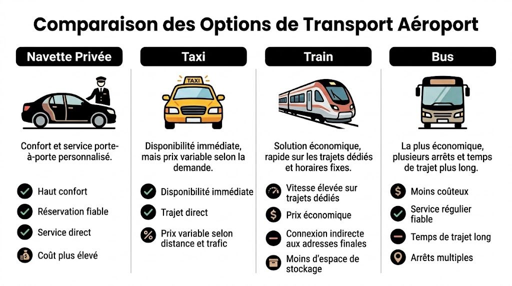 Tableau comparatif illustrant les différentes options de transport pour se rendre à l'aéroport : navette, taxi, train et bus.