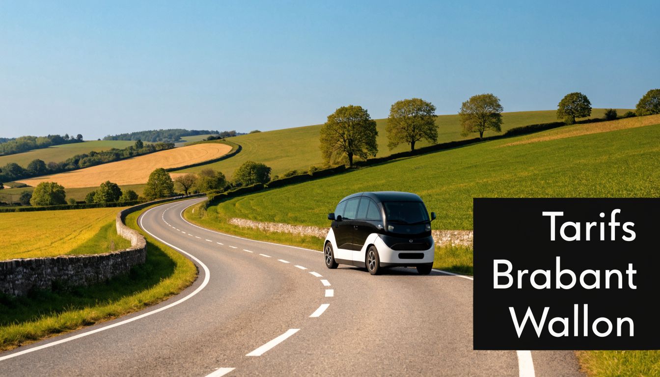 Une navette autonome circule sur une route de campagne pittoresque dans le Brabant wallon, Belgique.