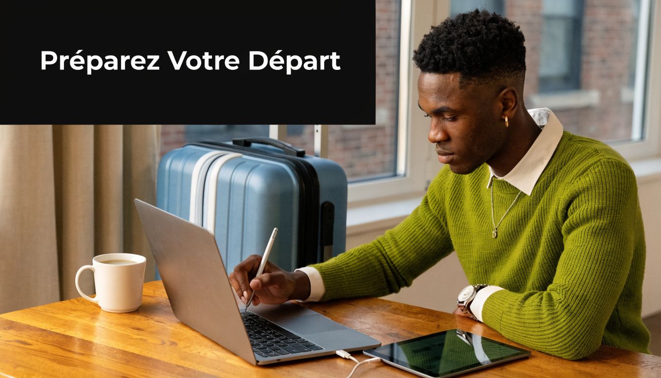 Un jeune homme concentré travaillant sur son ordinateur portable avec une valise prête pour son départ.