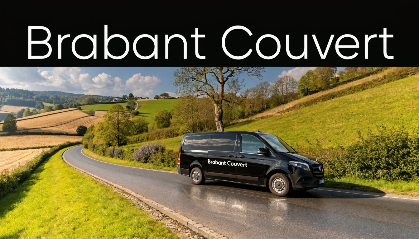 Une camionnette noire de la société Brabant Couvert circulant sur une route panoramique dans la campagne vallonnée.