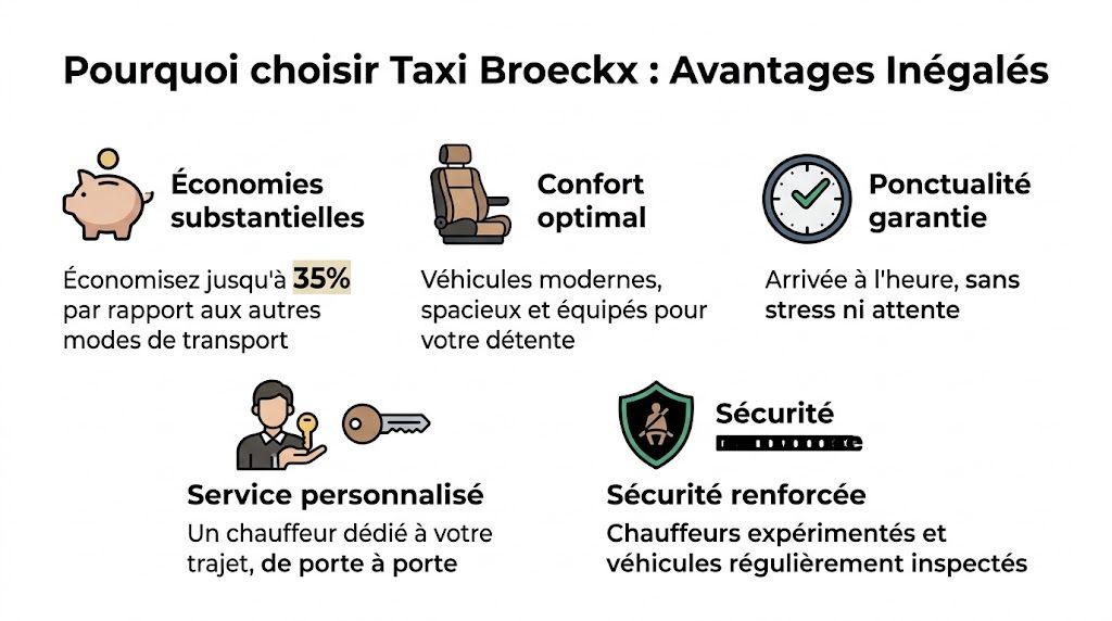 Infographie présentant les avantages de choisir Taxi Broeckx : économies, confort, ponctualité, service personnalisé et sécurité.