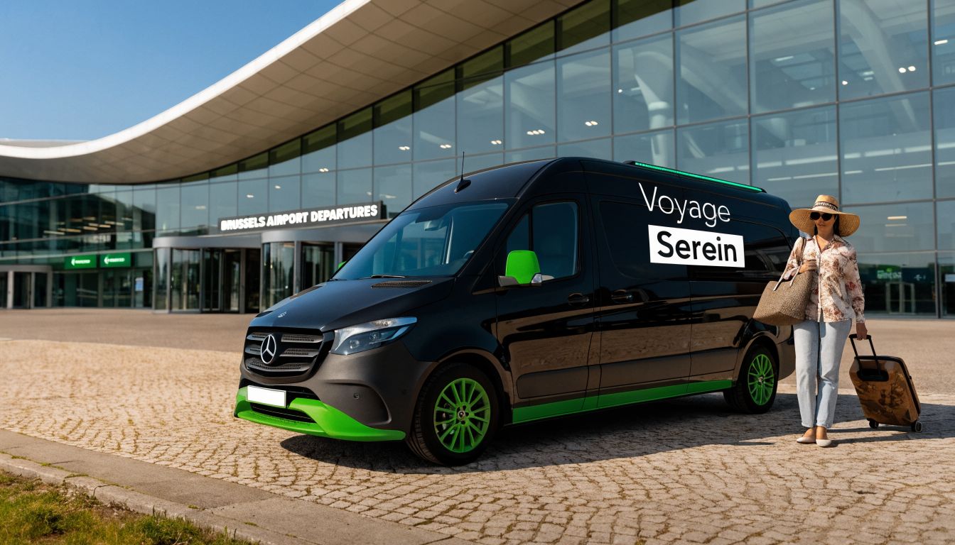 Une femme avec une valise et un sac attend devant un van noir aux détails verts à l'aéroport.