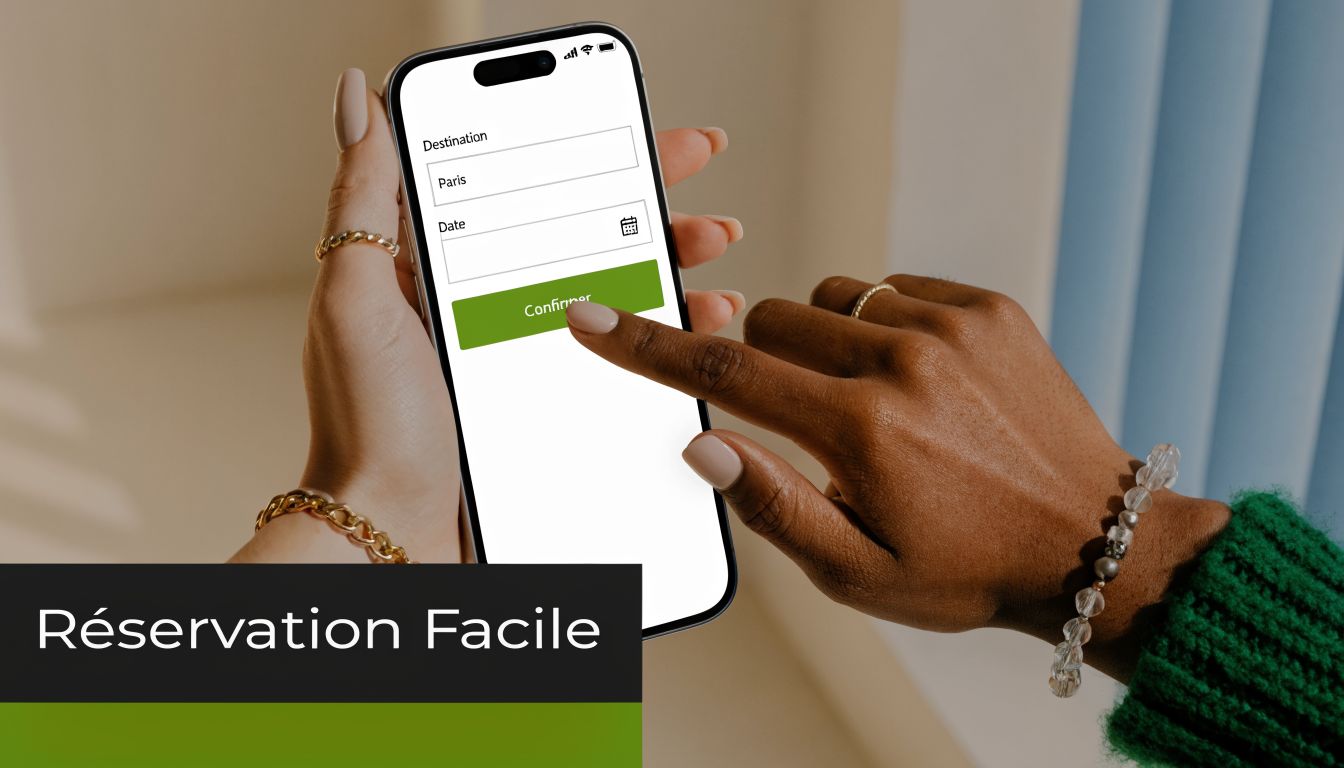 Une personne utilise une application mobile sur son smartphone pour effectuer une réservation de voyage facilement.