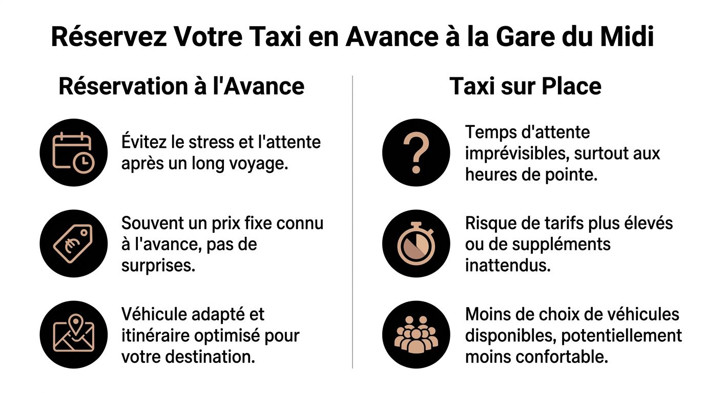Comparaison entre la réservation de taxi à l'avance et prendre un taxi sur place à la Gare du Midi.