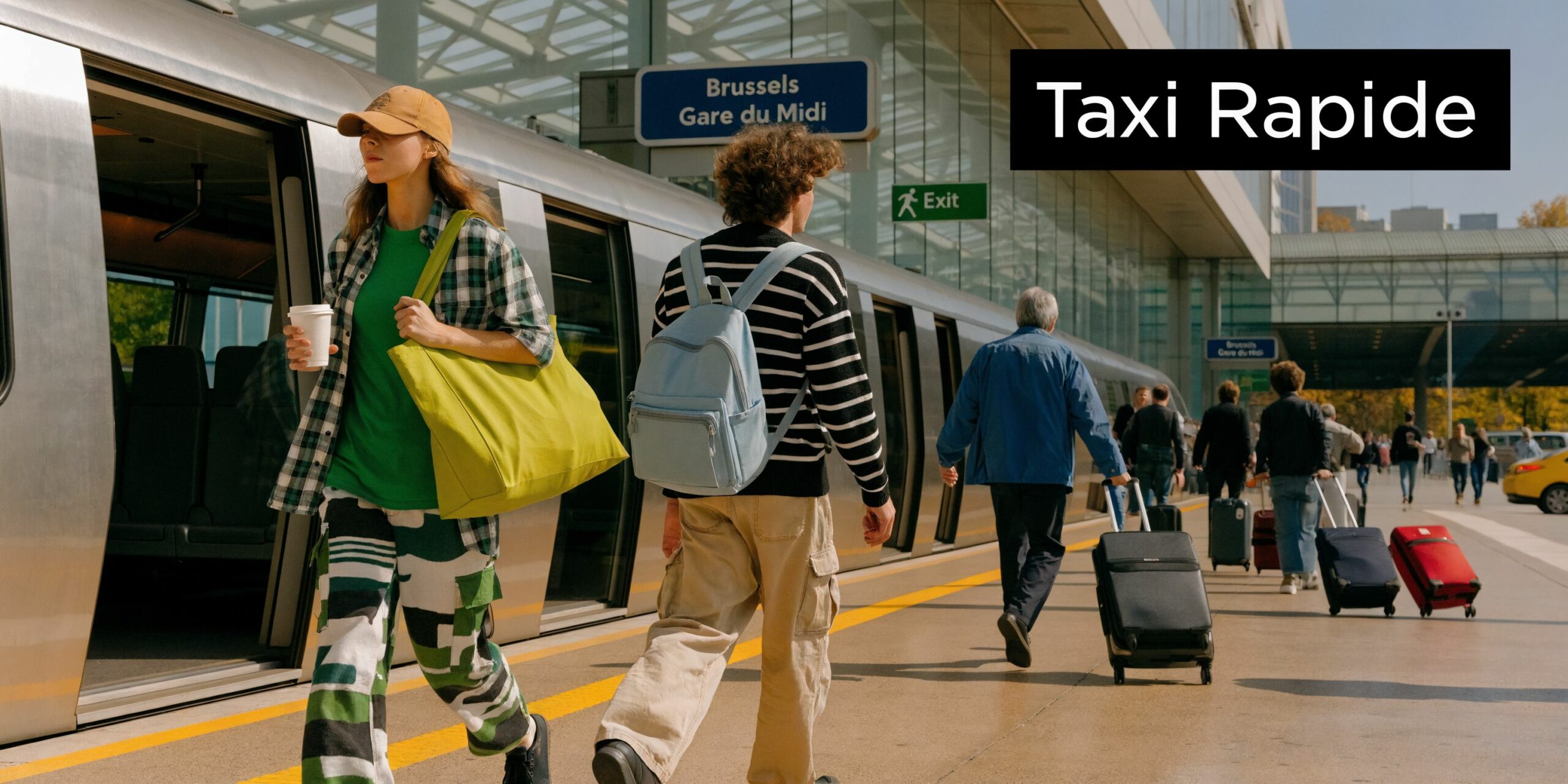 Des voyageurs marchant sur le quai de la gare de Bruxelles-Midi avec leurs valises et sacs.