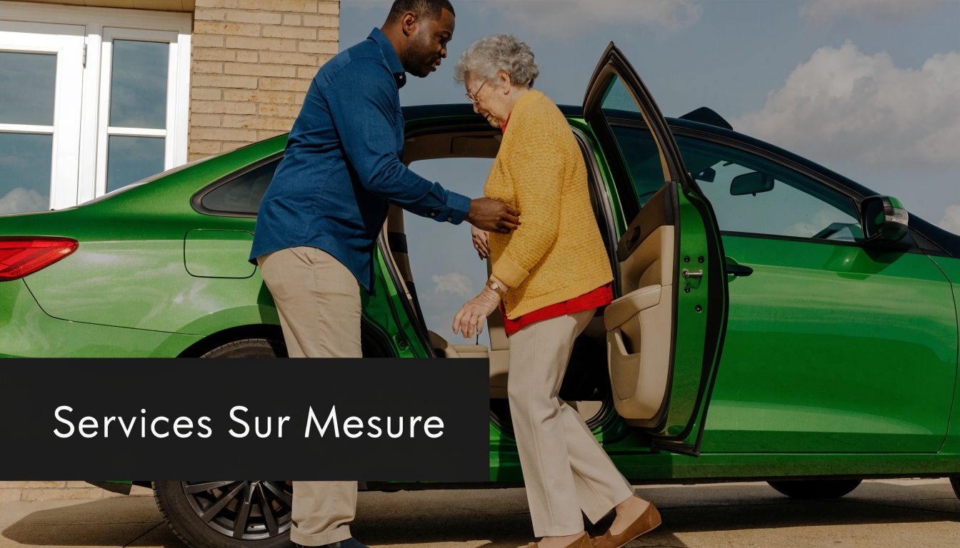 Un homme aide une femme âgée à sortir d'une voiture verte dans un cadre de services personnalisés.