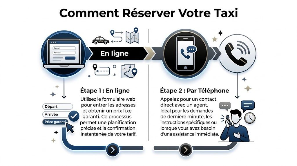 Infographie montrant deux méthodes pour réserver un taxi : via un formulaire en ligne ou par téléphone.