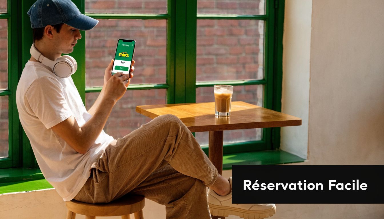 Un jeune homme assis dans un café utilisant une application mobile pour réserver facilement un trajet en voiture.