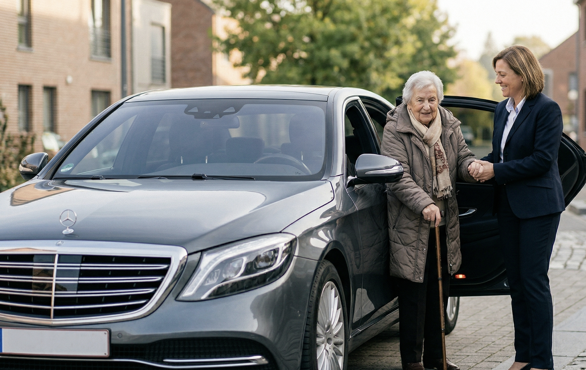 image d'un taxi avec une femme âgée qui sort du véhicule et qui est aidée par le taxi man