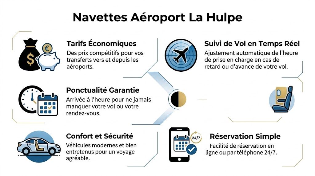 Infographie présentant les services de navettes aéroport à La Hulpe avec ses différents avantages pour les voyageurs.