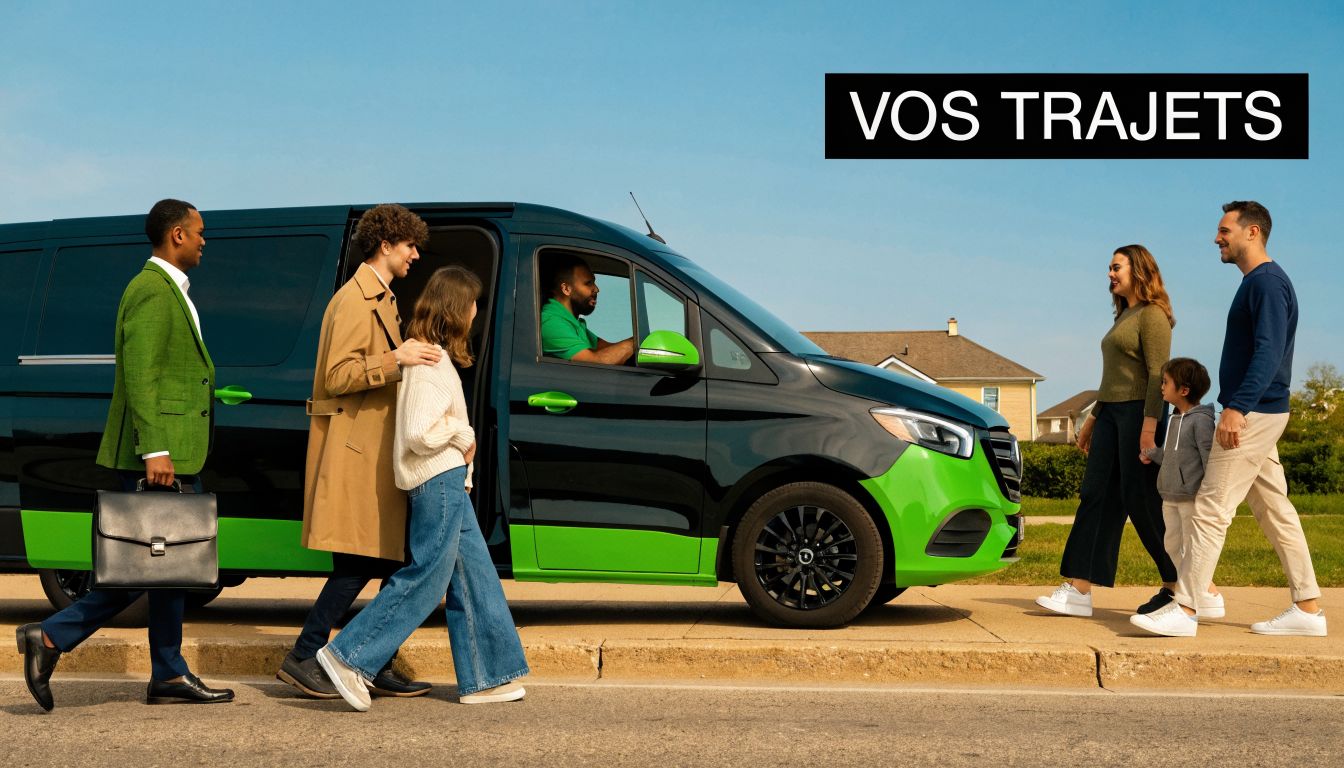 Un groupe diversifié de personnes marchant près d'un van vert et noir dans une rue ensoleillée.