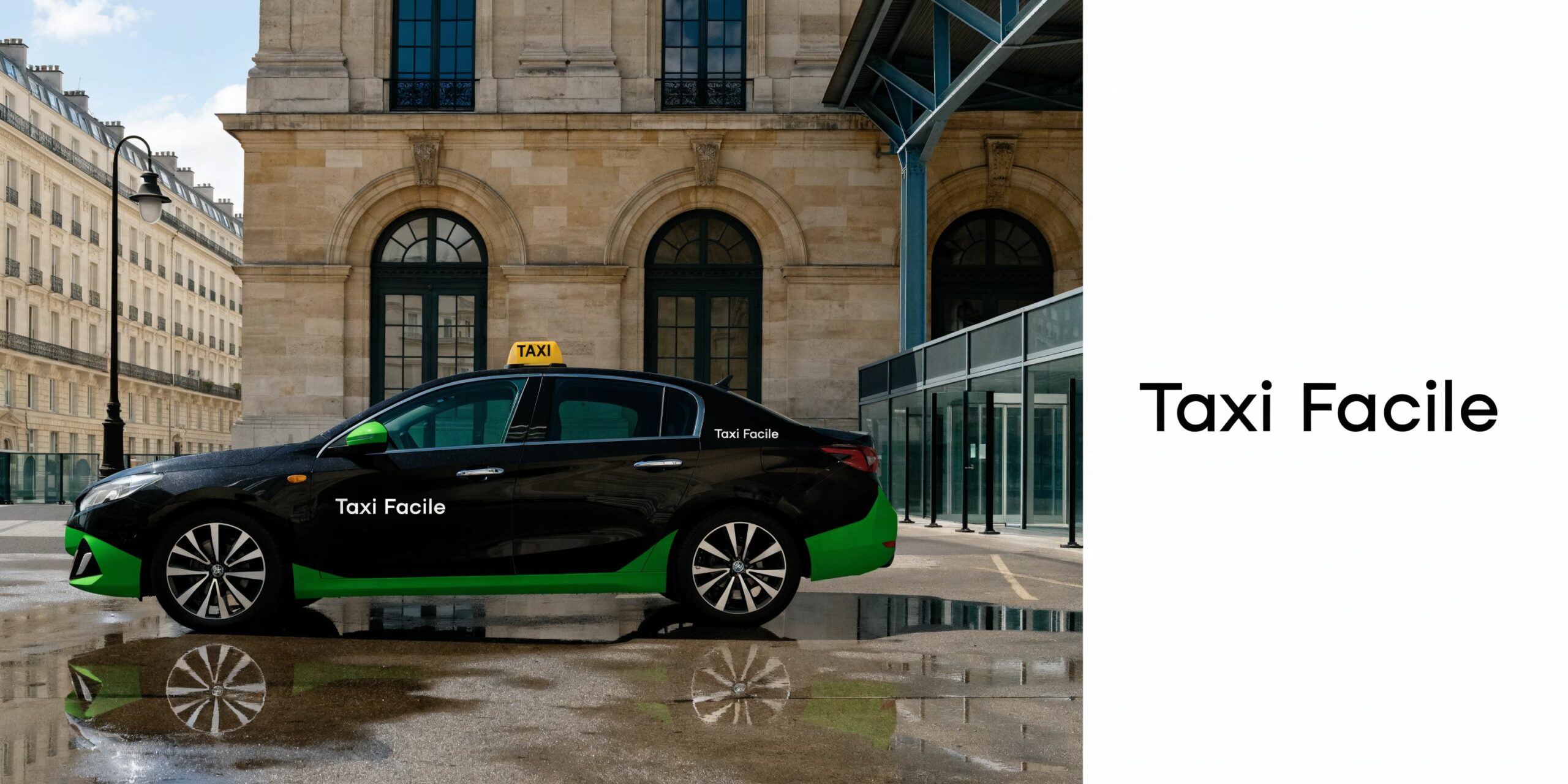 Une voiture de taxi noire et verte garée devant le bâtiment de la gare Mont Saint-Guibert.