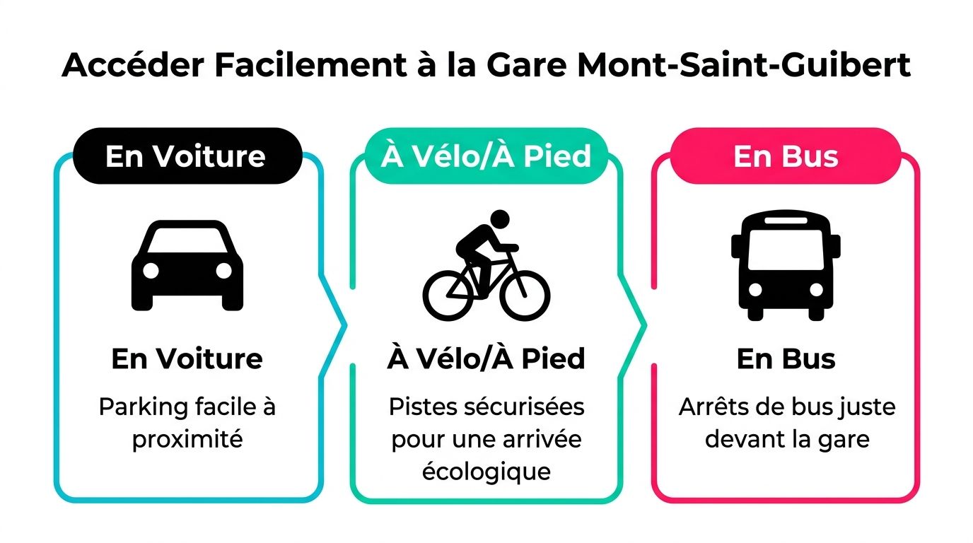 Infographie présentant les différents moyens d'accès à la gare de Mont-Saint-Guibert : voiture, vélo, marche et bus.