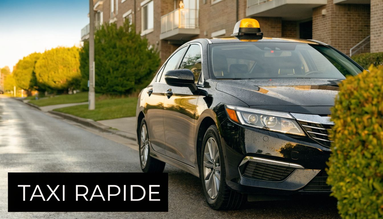 Une voiture de taxi noire stationnée sur le côté de la rue avec un panneau jaune sur le toit.