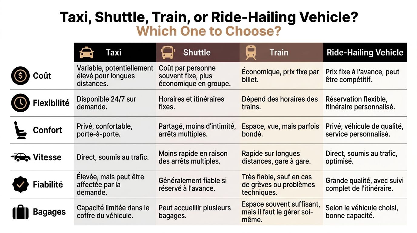 Tableau comparatif des moyens de transport : taxi, navette, train et véhicule avec chauffeur selon différents critères.
