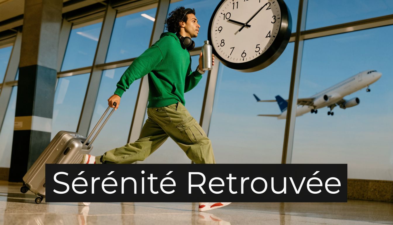 Un jeune homme court dans un aéroport en tirant une valise avec un avion en arrière-plan.