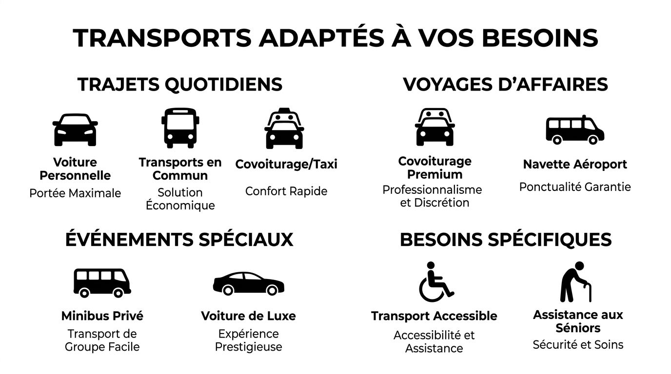 Infographie présentant diverses solutions de transport adaptées aux besoins quotidiens, professionnels, aux événements spéciaux et aux personnes spécifiques.