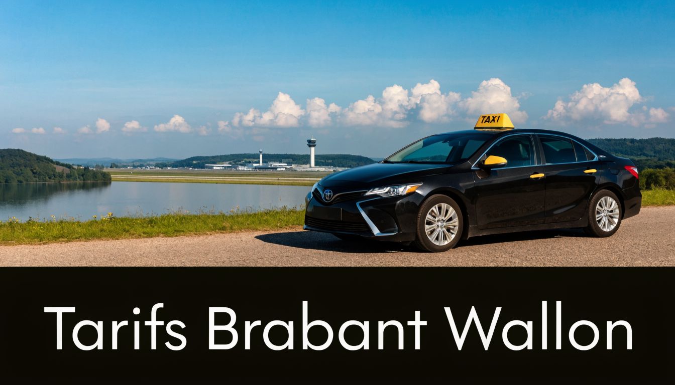 Une voiture de taxi noire garée sur le bord d'une route près d'un aéroport et d'un lac.