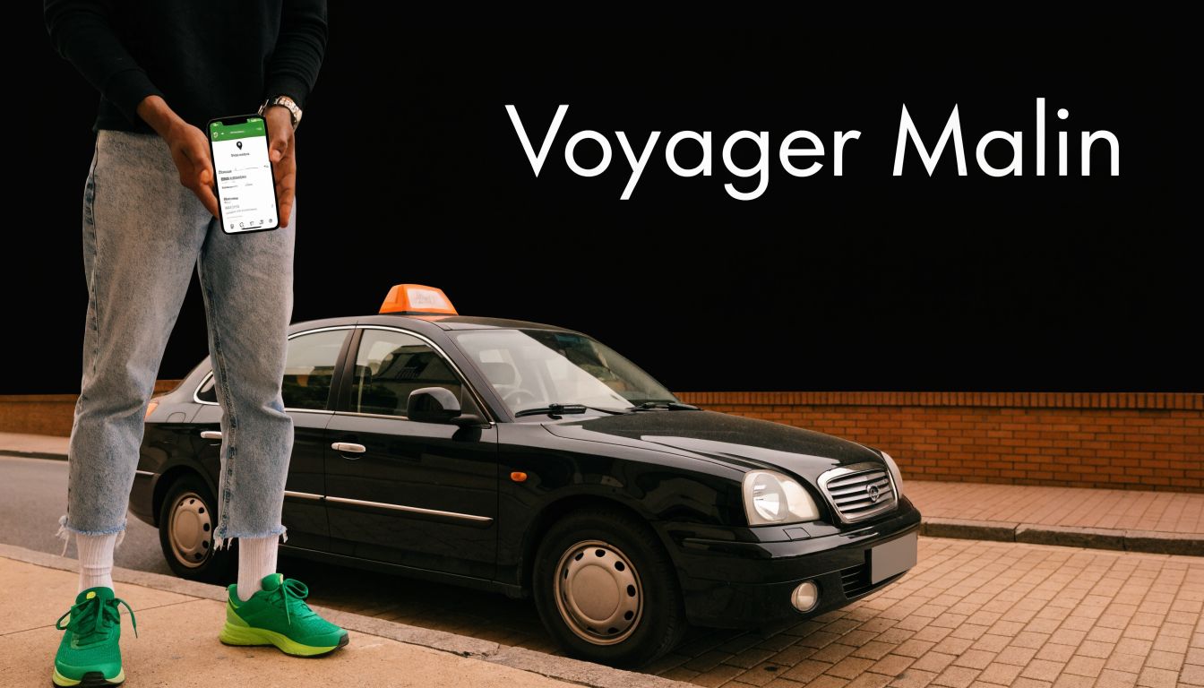 Une personne debout à côté d'une voiture de taxi utilisant une application mobile pour réserver un trajet.