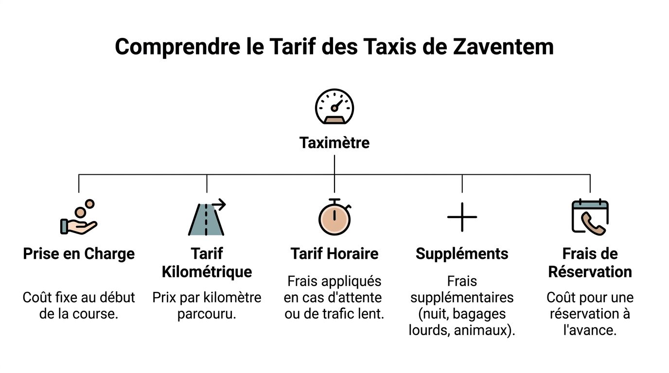 Infographie détaillant les différents composants du tarif des taxis à l'aéroport de Zaventem, incluant la prise en charge.