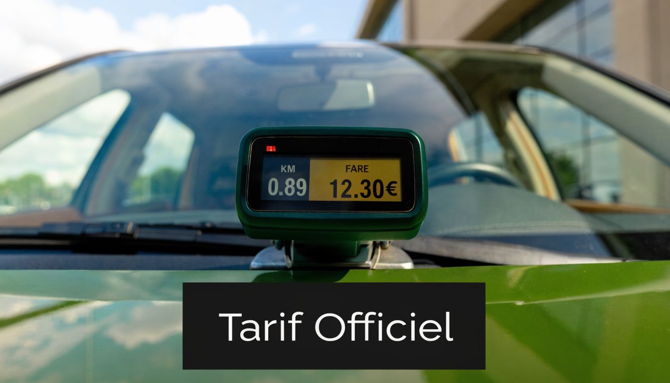 Un compteur de taxi numérique affichant une distance de 0,89 km et un tarif officiel de 12,30 euros.