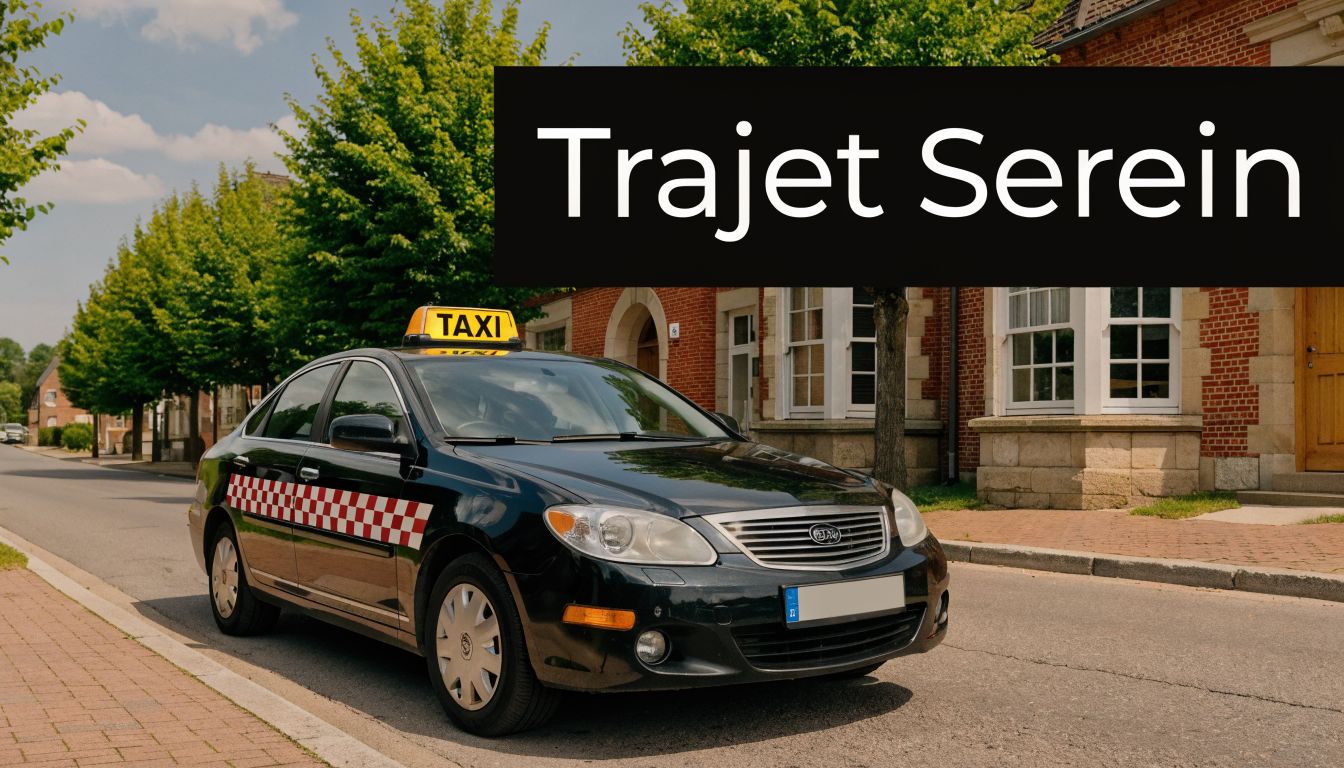 Une voiture de taxi noire avec un damier rouge stationnée devant une maison en brique bicolore.